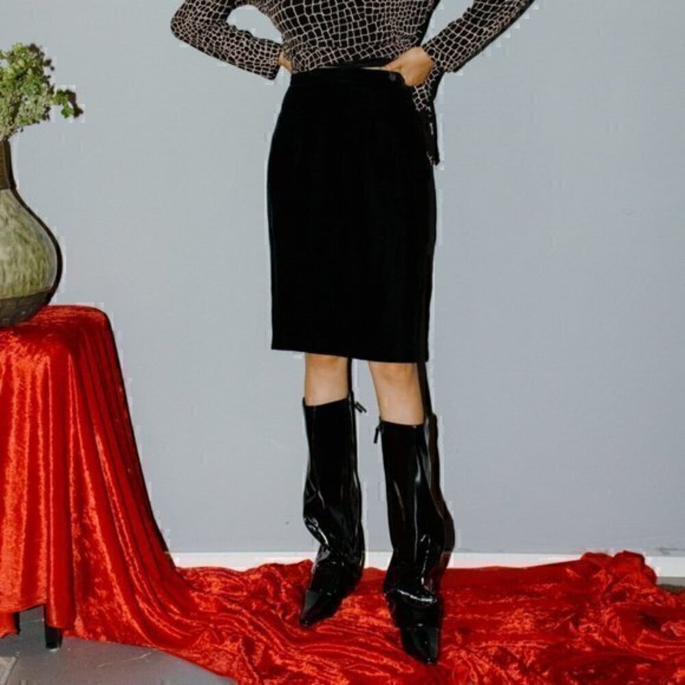 Vintage Black Tie Oleg Cassini Velvet Midi Skirt